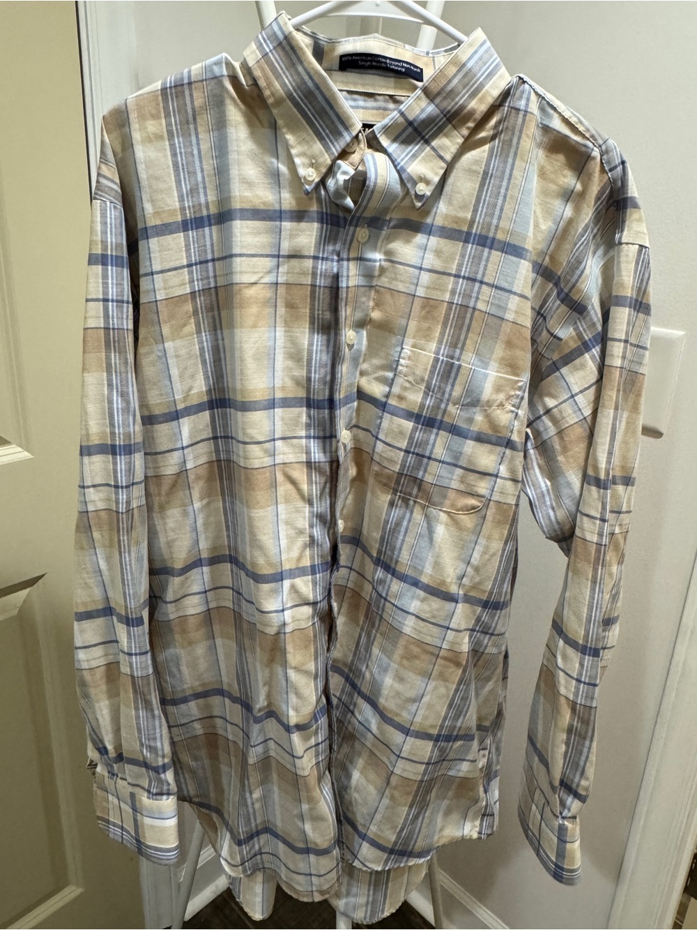 Men's Button-Down Plaid Shirt in Beige & Blue